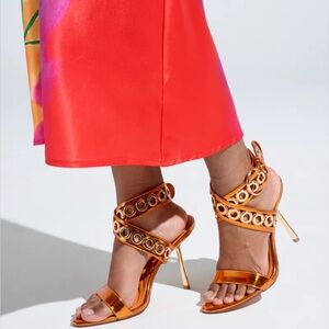 Orange & Metallic Gold Hardware Embellished Stiletto High Heel Sandals